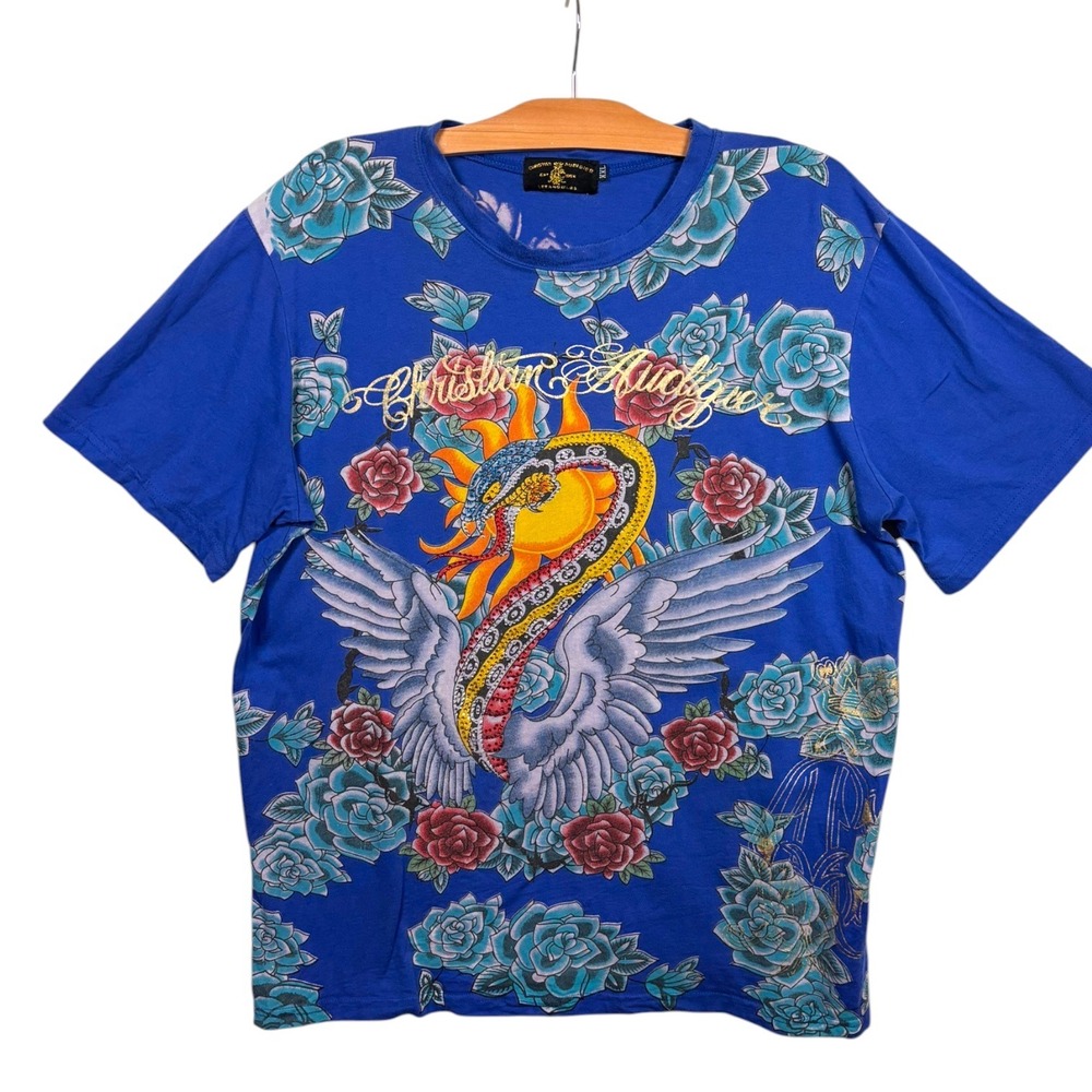 Vtg Christian Audigier Mens Sz XXL Snake Roses T-Shirt Rhinestone Tattoo Y2k USA